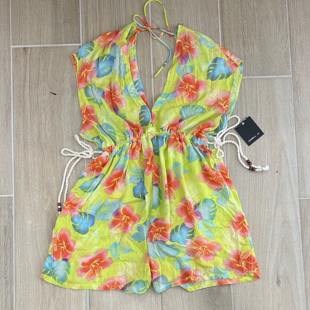 O'Neil Neon Floral Halter Tie-Waist Romper